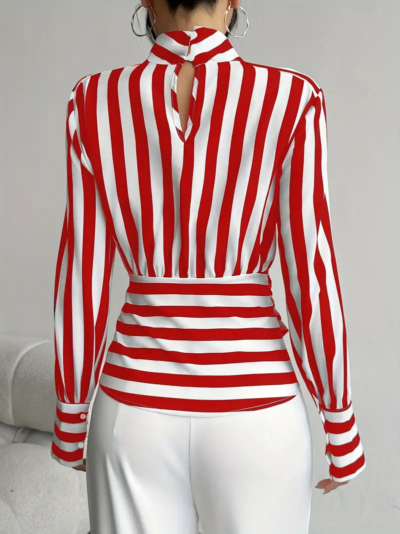 Chic Striped Scarf Collar Blouse