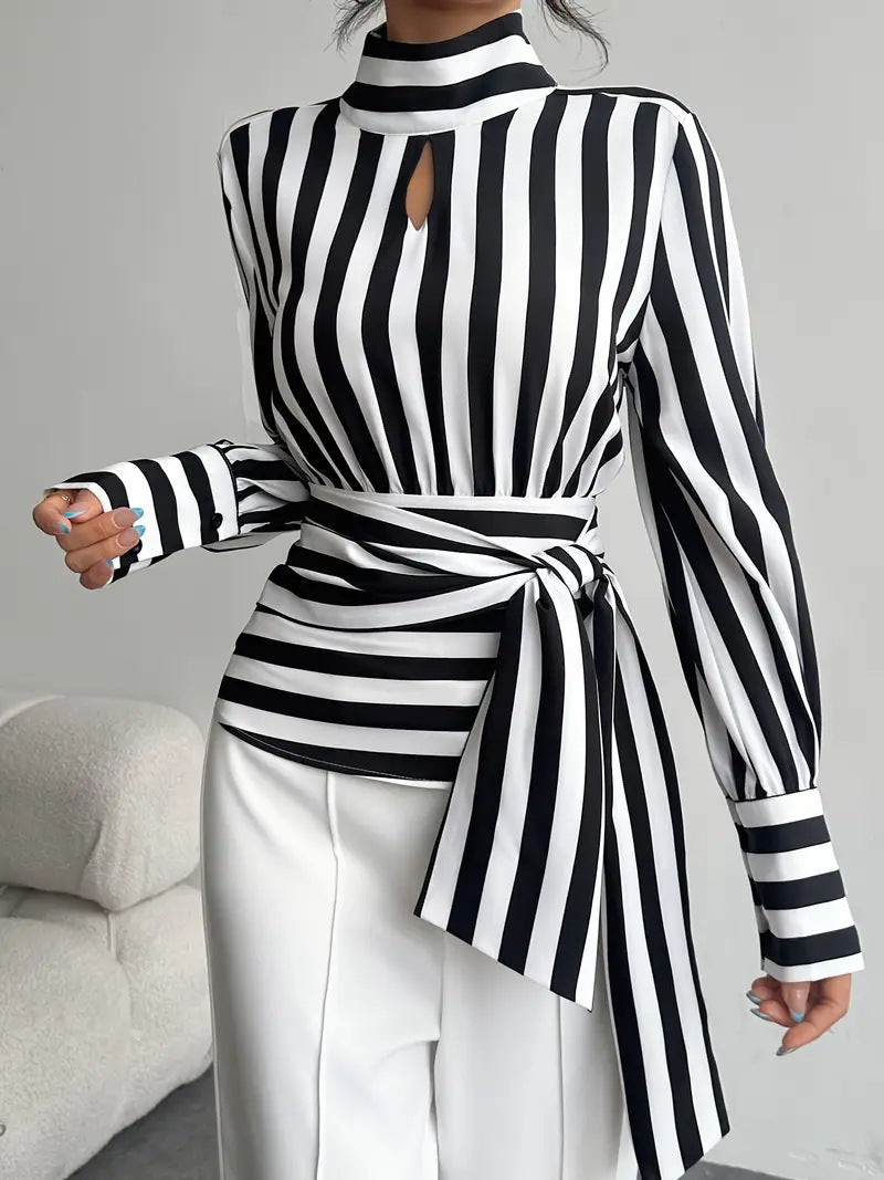 Chic Striped Scarf Collar Blouse