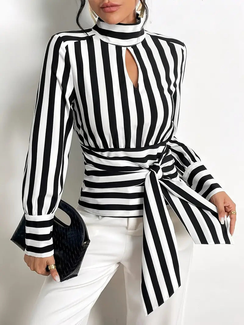 Chic Striped Scarf Collar Blouse
