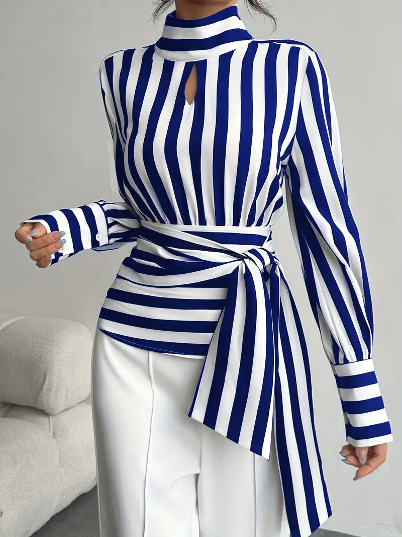 Chic Striped Scarf Collar Blouse